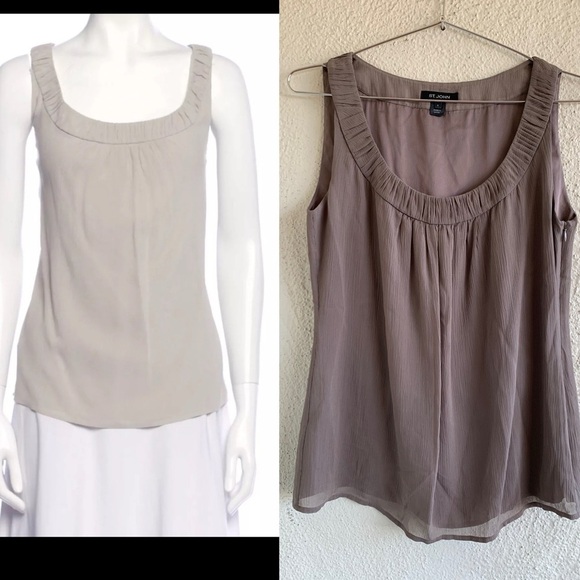 St. John Tops - ST. JOHN Limestone Silk Sleeveless Pleated Scoop Neck Tank Top Size 4